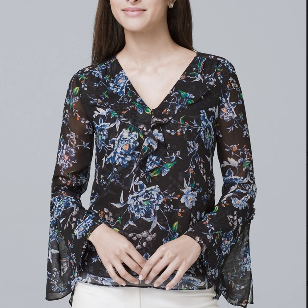White House Black Market Black Floral Print Blouse, Size 2